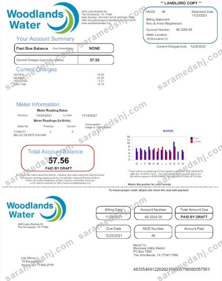 USA WOODLANDS WATER utility bill Word and PDF template